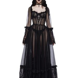 Dolls Kill Black Sheer Gothic Lace Maxi Dress